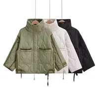 2026 Autumn Winter Women's Vintage Quilted Army Green Padded Coats Lady Elegant Drawstring High Neck Pockets Cotton Jacket Parka
