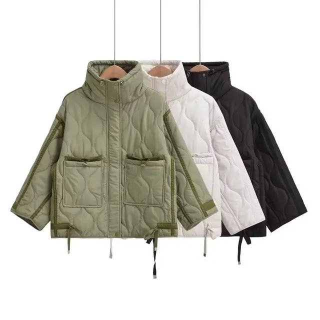 2026 Autumn Winter Women's Vintage Quilted Army Green Padded Coats Lady Elegant Drawstring High Neck Pockets Cotton Jacket Parka