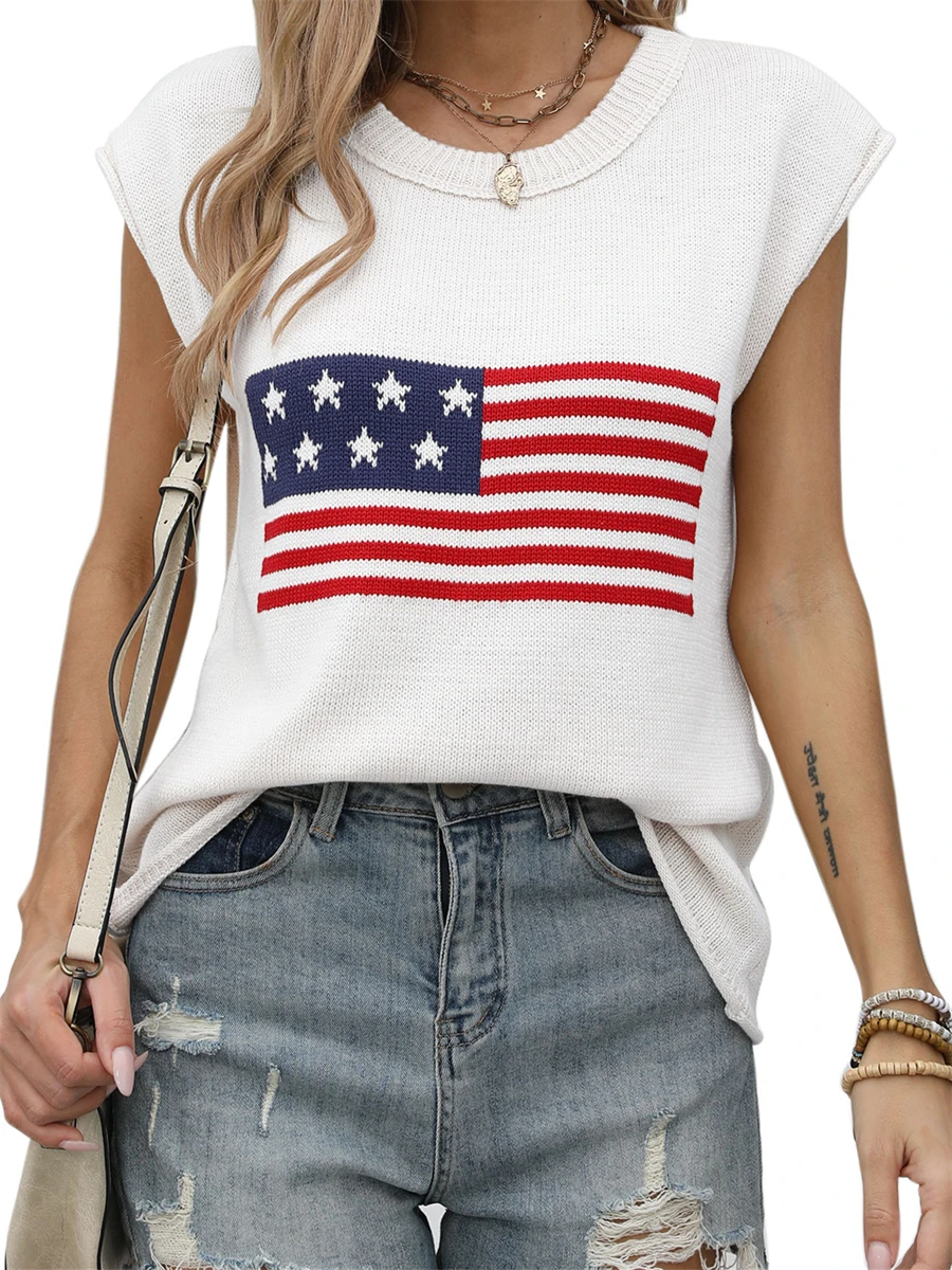 wsevypo Women's Summer Casual Knitted T-shirt Classic Casual Cap Sleeve Round Neck Flag Print Tops Loose Fit Knitwear