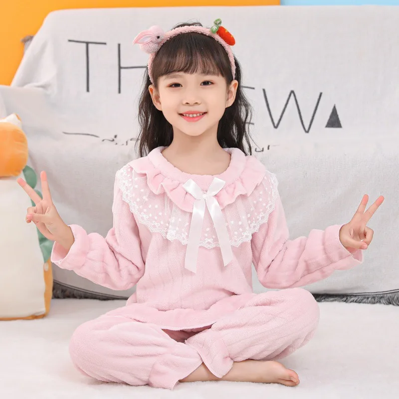 New Kids Flannel Pajama Sets Girls Autumn Pajamas Winter Thicken Warm Home Wear Cartoon Lapel Long Sleeve Sleeping Clothing