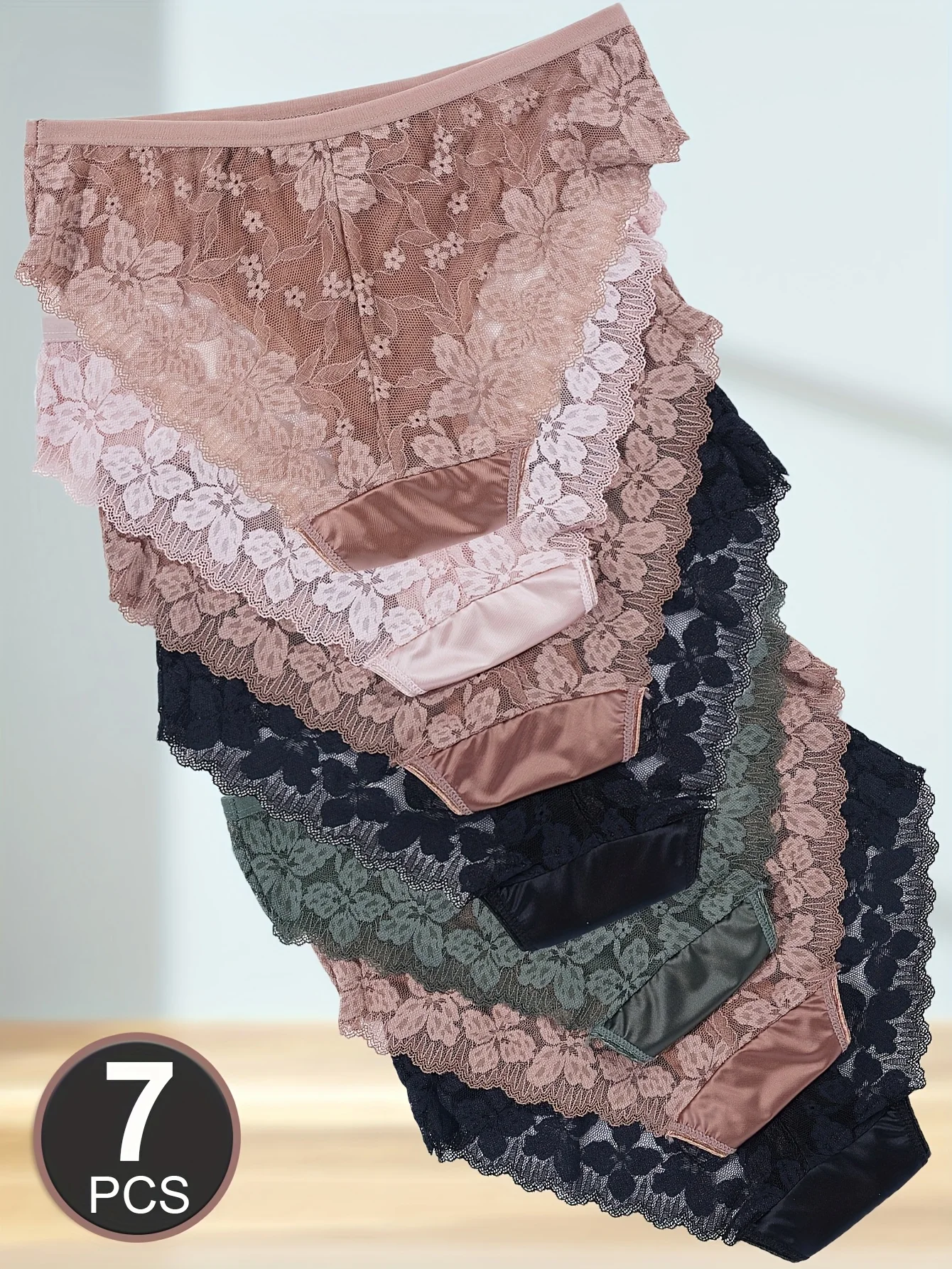 7‑Piece Women's Lace Panties‑Semi‑Sheer, Mid‑Rise Spliced Underwear with Contrast Lace Trim, Solid‑Colored, Sexy and Stylish,