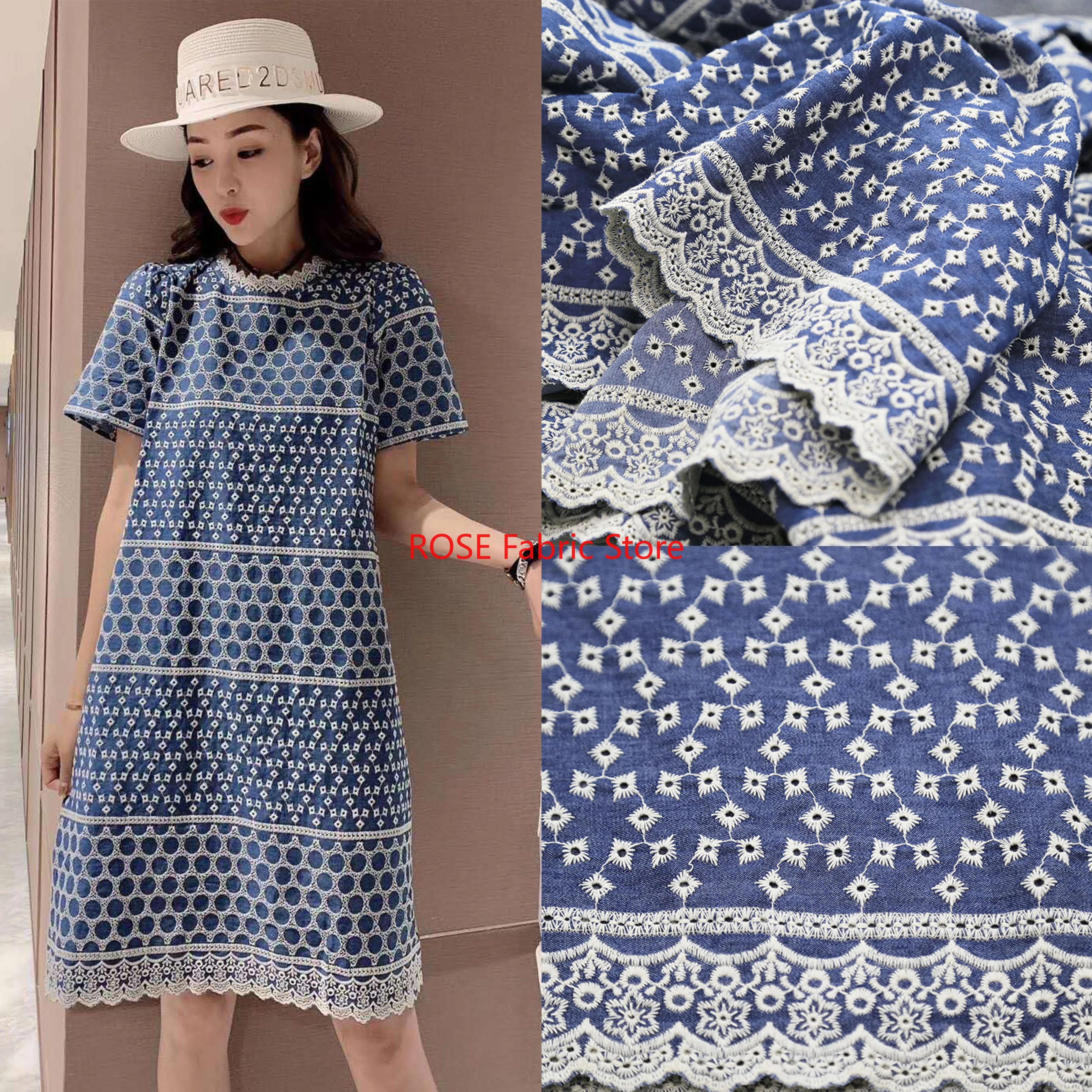 Tessuto di cotone blu con ricamo floreale per abito Boho, abito da sposa, abito estivo, gonna