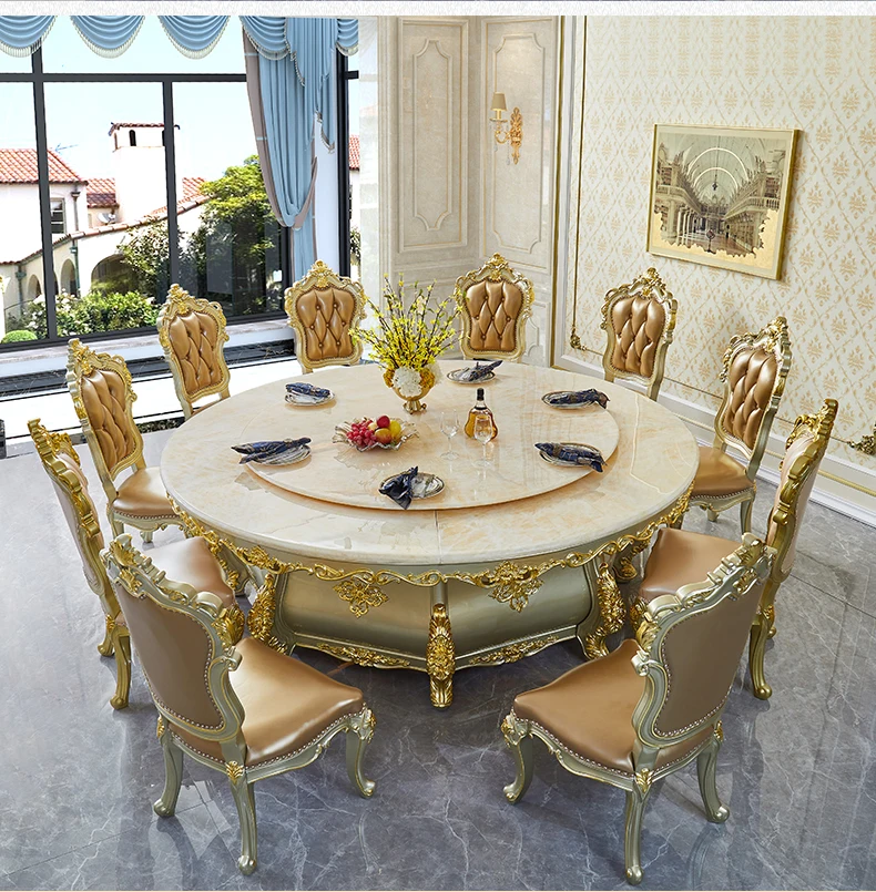 Marble dining table and chair combination circular solid wood dining table electric rotary table hot pot table villa hotel