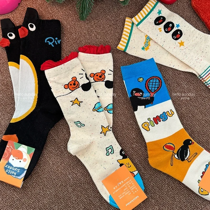 New 3/4 Pairs Pingu Medium Length Socks Women Cartoon Autumn Winter Casual Breathable Soft Fashionable Kawaii Girls Socks Gifts