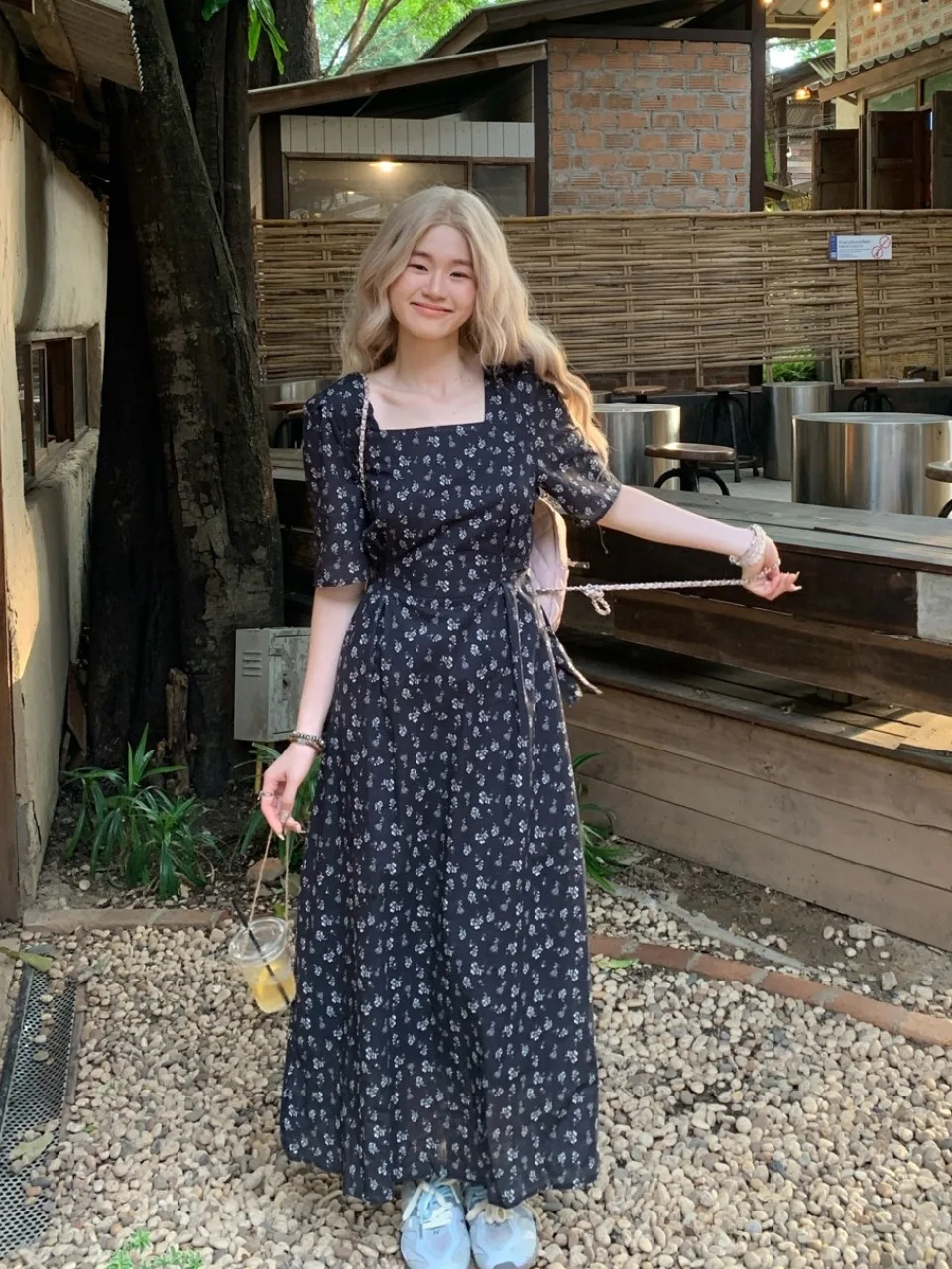 

plus Size Floral Print Square Ne ort Sve Dr Women's Summer Slimming Waist Cinched Age Defng A-Line Long Dr