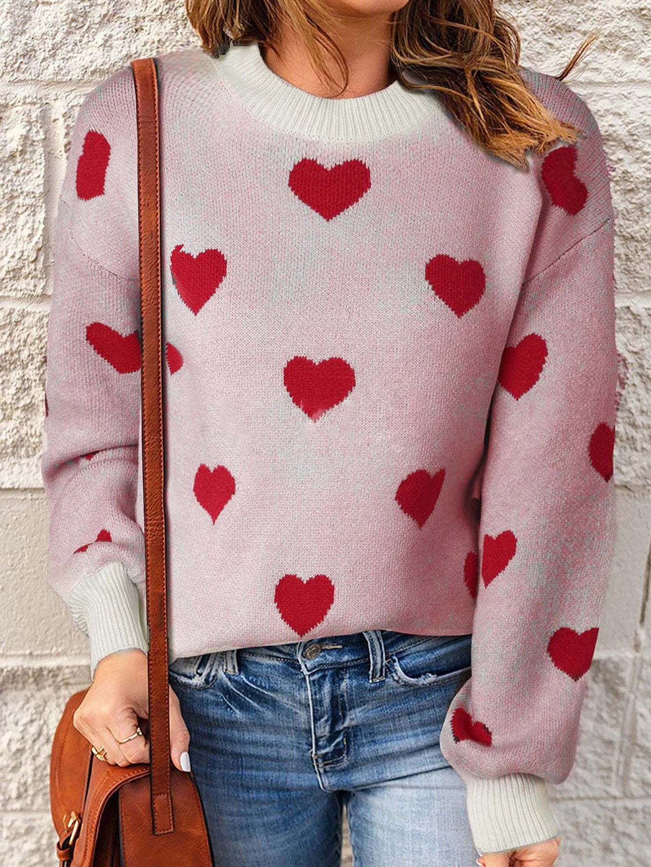 

Autumn Sweaters 2025 Women's Sweet Heart-Shaped Print Long Sleeve Crew Neck Regular Fit Dating Sweaters