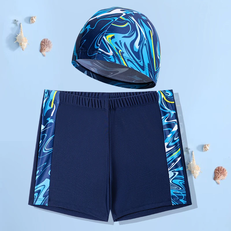 2024  New Boys  Camouflage Swimsuit  Summer Swimming Bathing Suit(Swimming Hat+Swimming Trunks) For Kids Boys 4 to 12 Years