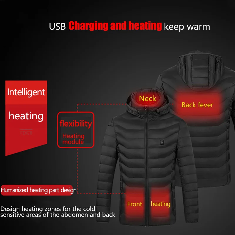 9 Areas Heating Jacket for Men Women Winter USB Electric Heating Parka Smart Heating Clothes Waterproof Warm Hooded Jackets