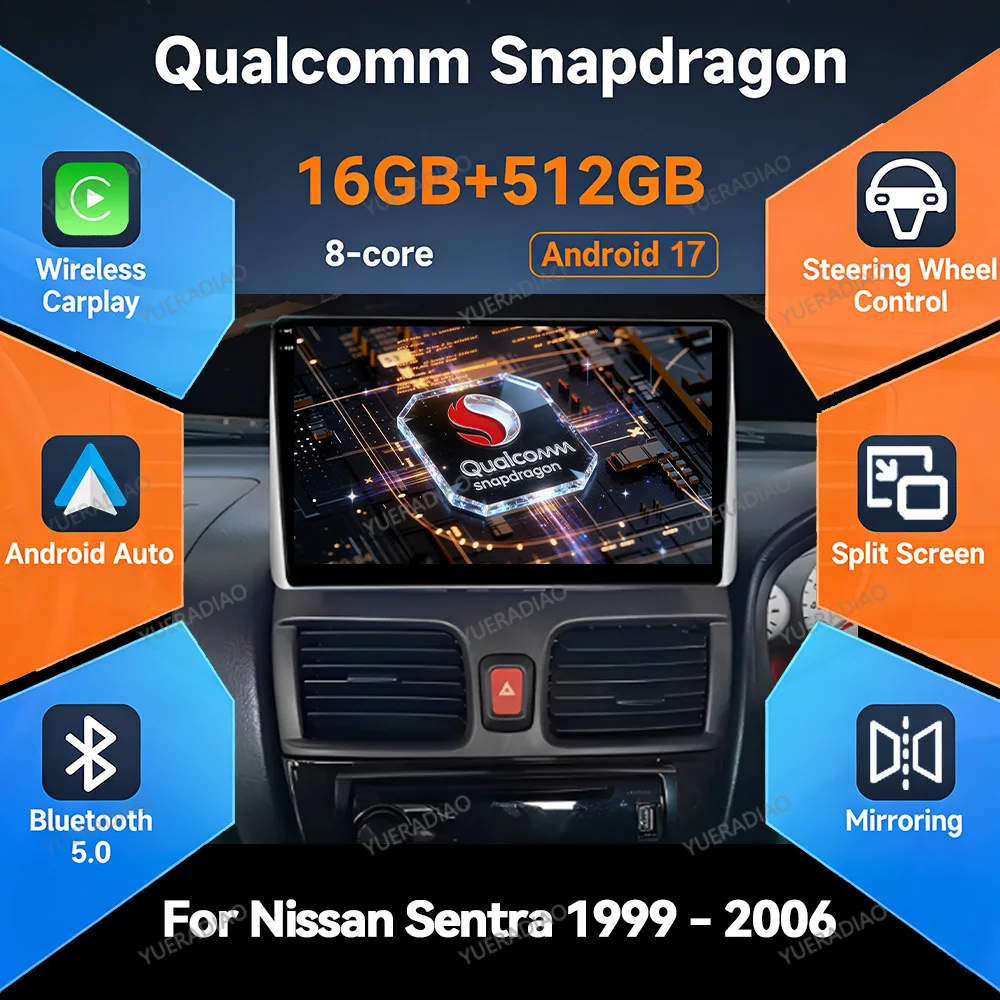 Android 17 Car Radio For Nissan Sentra 5 B15 1999 - 2006 Wireless Carplay Auto Multimedia Video Player GPS NAVI 4G WIFI QLED DSP