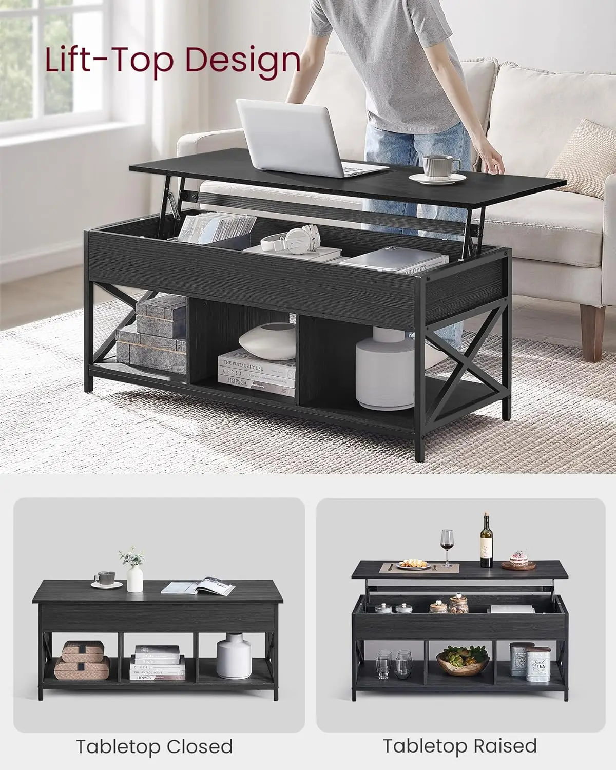 Stolik kawowy z podnoszonym blatem, stolik kawowy z półką do przechowywania, ukryte przegródki i podnoszony blat, do salonu