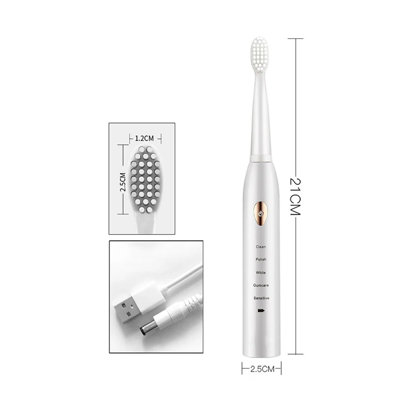 Clean Adult Black White Classic Acoustic Electric Toothbrush Adult 5-gear Mode USB Charging IPX7 Waterproof Acoustic Electric