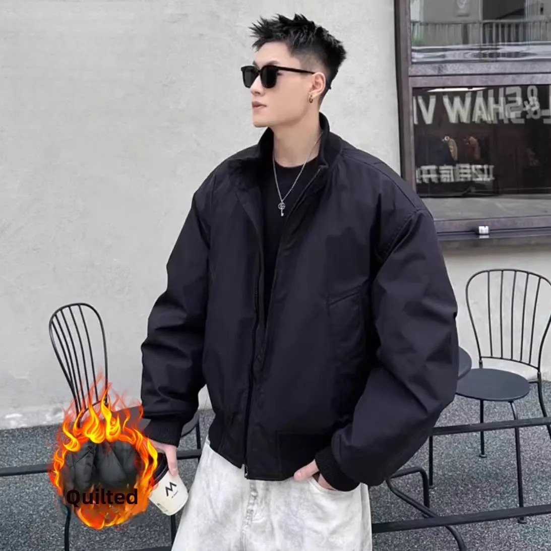 

Men's Winter Cotton Flight Jaet ort Sle Baseball Stand Collar Coat Polyester Fiber Long Sve Busin Formal Wear