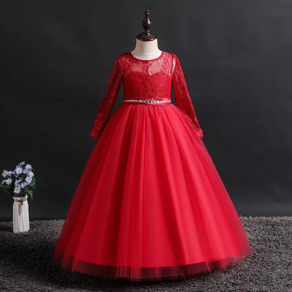 Vestido de manga larga para niña, falda de encaje para fiesta de boda, Vestidos de actuación, 6 colores, 120cm-170cm