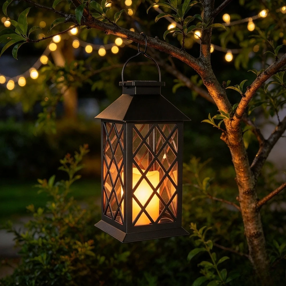 Vintage Hanging Solar LED Candle Lantern Waterproof Metal Frame Lantern Outdoor Patio Yard Garden Porch Tabletop Decor Light