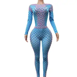 Women Leotard Pink Pearls Stretch Skinny Blue Jumpsuit Nightclub Female Costume DJ Singer Stage Wear Sexy Dance Rompers Fenlan