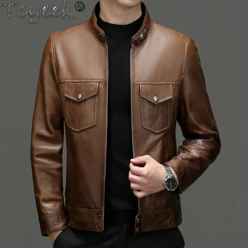 Tcyeek Real Leather Jacket Men 2025 Vegetable Tanning Sheepskin Coats Spring Autumn Clothes Mens Motocycle Jackets Jaqueta Couro