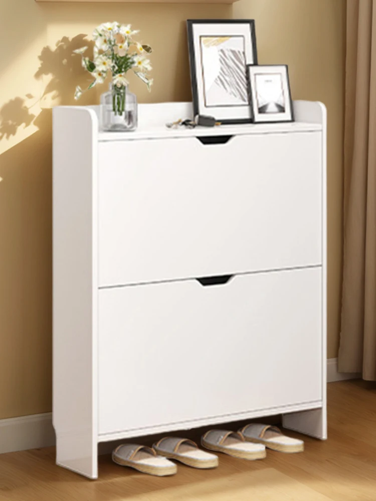 2-Tier Wooden Entrance Shoe Cabinet Flip Drawers Narrow Shoe Storage Cabinet Space Saving Slim Shoe Rack for Living Room Hallway