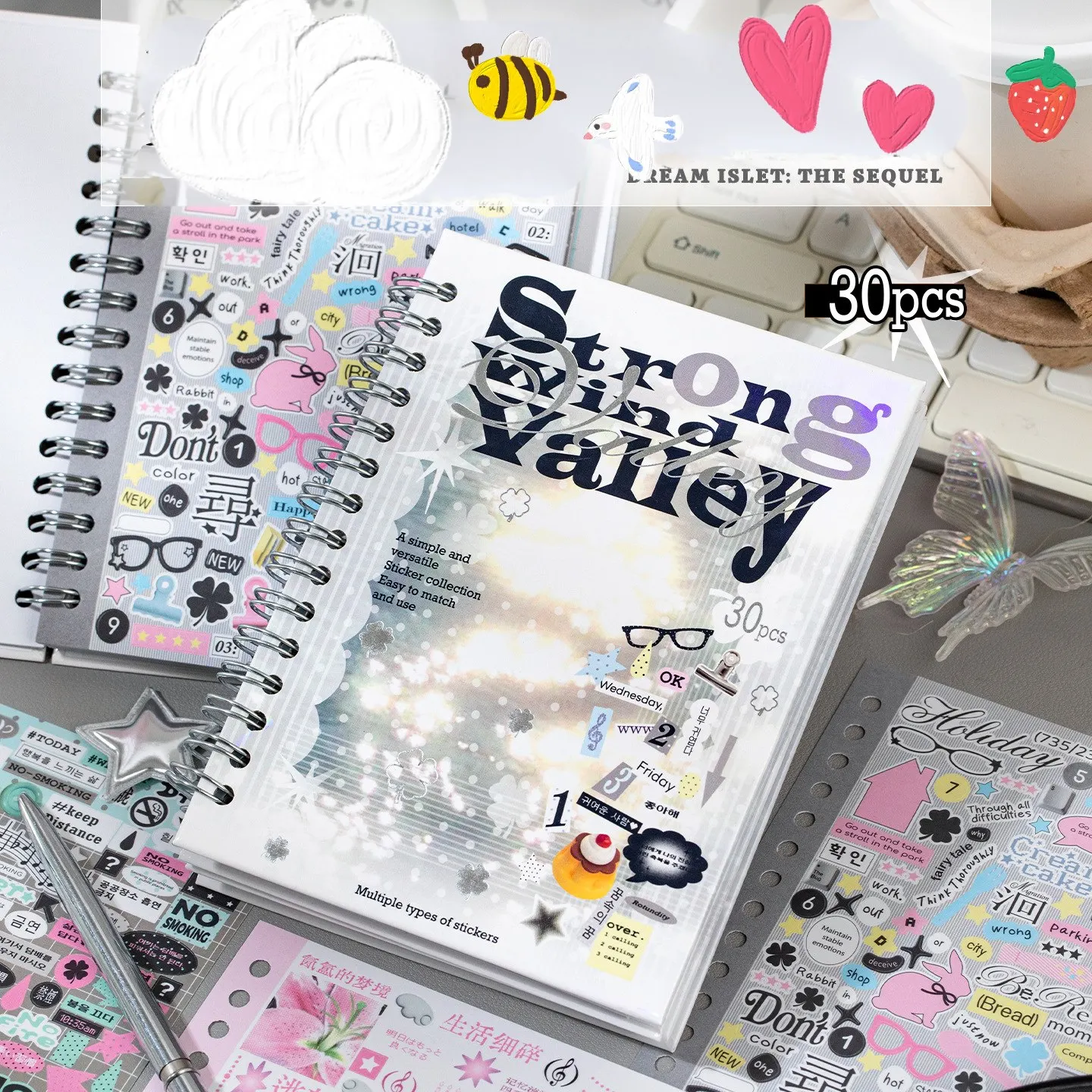 JCAC 30pcs Ins Aesthetic Korean Spiral Sticker Book, Dream Island 2, English Text Stickers, for Journal & Guka Card DIY