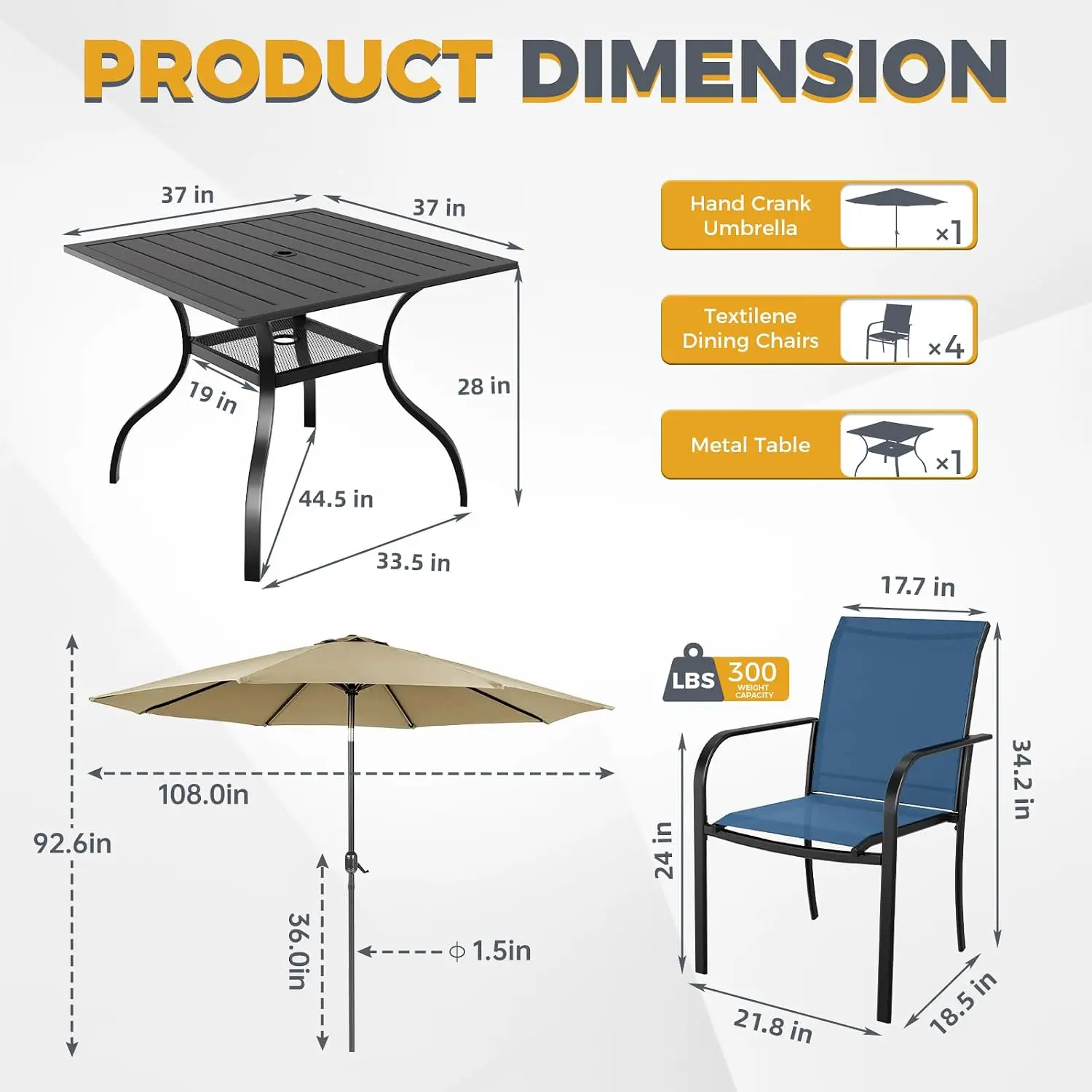 5-Piece Patio Dining Set, 4-Person Outdoor Table & Chairs, Metal Frame & Square Table with 1.57