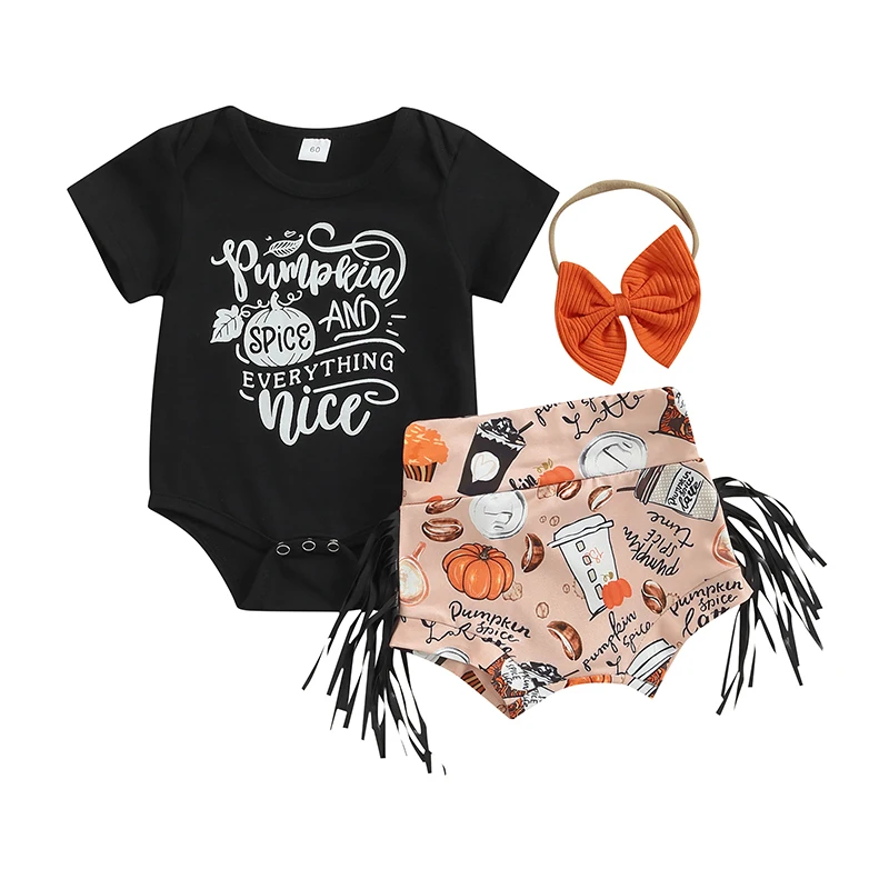 2022-07-07 Lioraitiin 0-18M Halloween Days 3pcs Baby Girls Boys Clothes Sets Pumpkin Letter Short Sleeve Romper Shorts Hairband