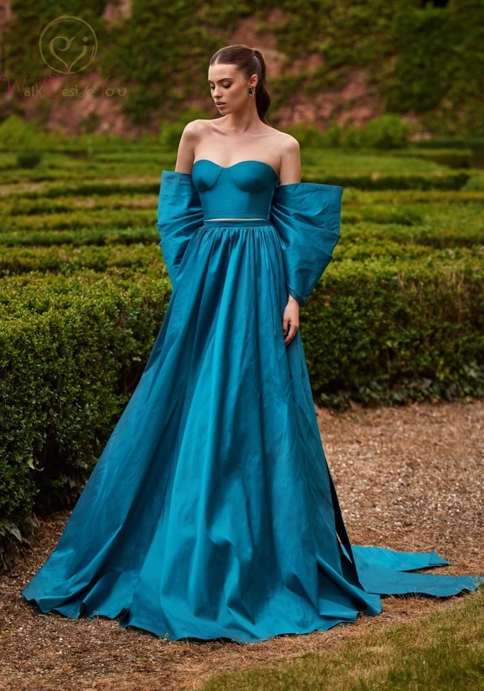 

Taffeta Prom Dresses Sweetheart Strapless Two Pieces with Bow Train A Line Formal Party Evening Gowns Special Occasion Dress