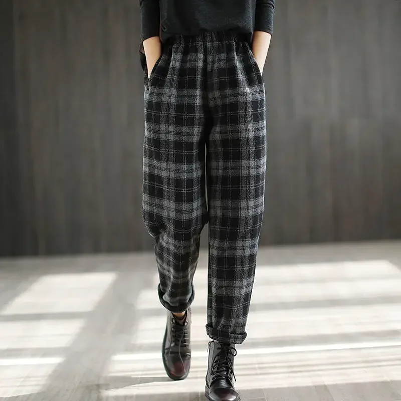 Velvet Thickened Plaid Pants 2024 Autumn and Winter New High Waist Slimming Loose Casual Pants Versatile Harlan Pants Z809