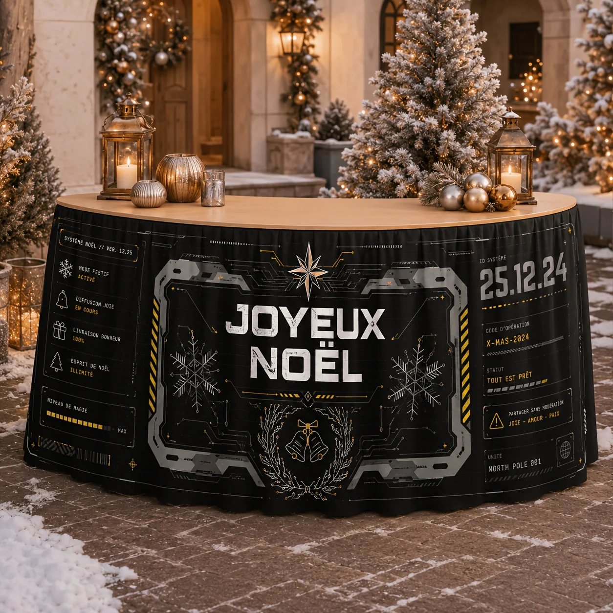 1-Pack, Modern Technology Themed Table Skirt Cover with HUD System Circuit Pattern - Black Gold Snowflake Bells Stars