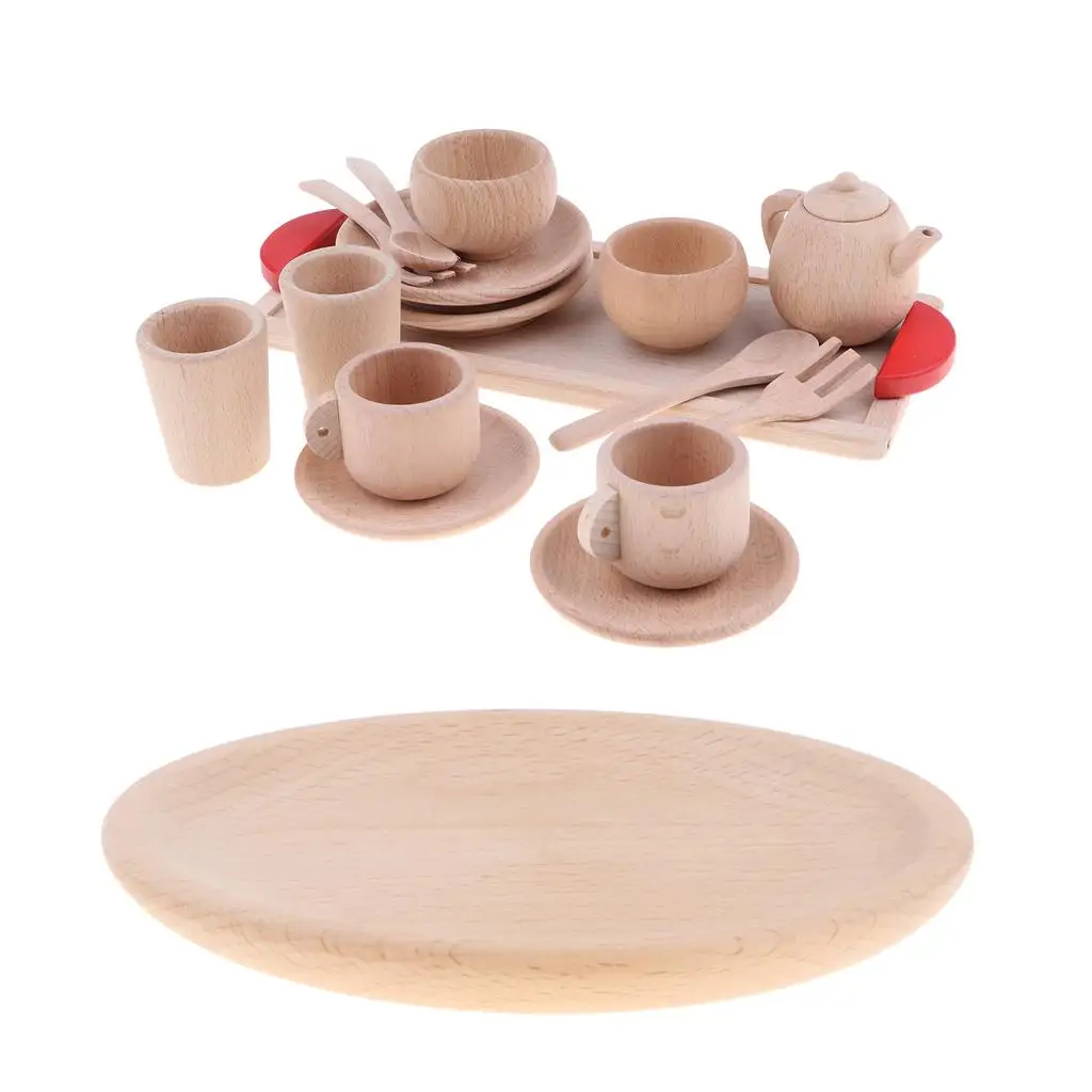 Exquisite Wooden Tableware Set Saucers Tea Pot Kitchen Role Play