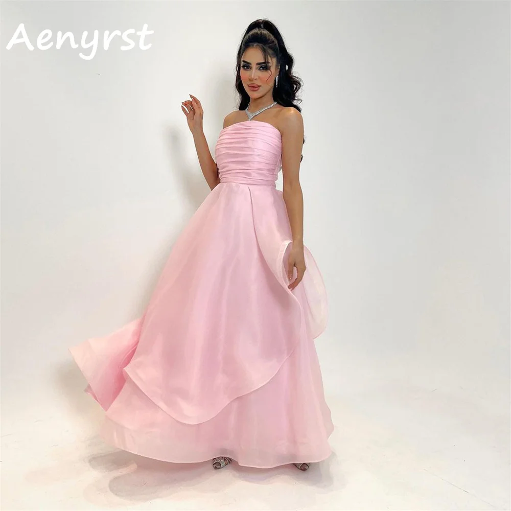 

Aenryst Elegant Pink Strapless Pleated Evening Dresses A Line Tiered Prom Dress Floor Length Dinner Party Gowns Longفساتين سهره