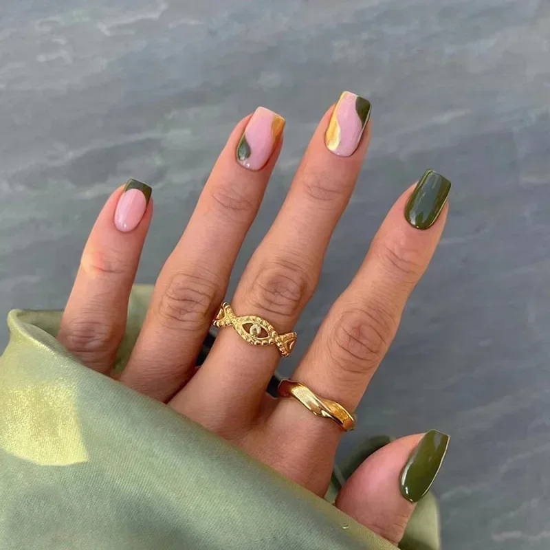24pcs French Rainbow Fake Nails Nude Design False Nails Art Full Coverage Waterproof Adhesive Artificial Press on Nail with Tool