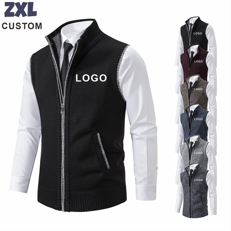 Men's Vest Knitted Sleeveless Sweater Velvet Zipper Cardigan Stand Collar Pullovers Sweatercoat Knit Waistcoat Custom Logo Print