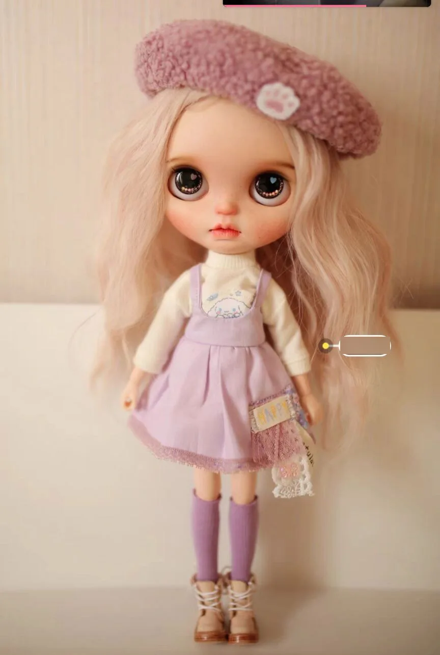 

4PCS pink lady style clothes blythe doll outfit beret/ T-shirt /suspender skirt /socks 6 30cm(Fit for Pullip,Ob22/24/26, Licca)