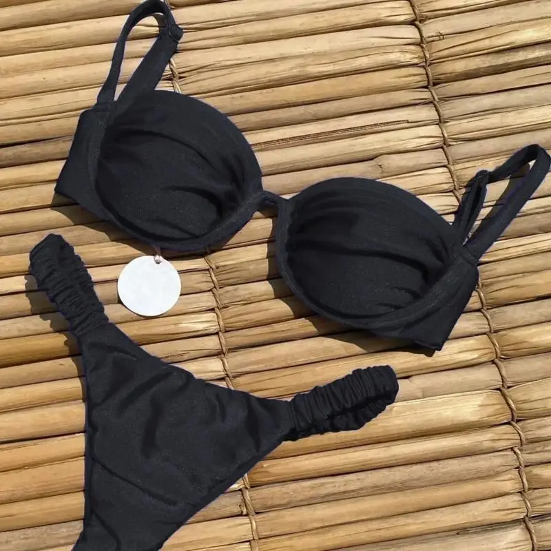 Sexy Bikini Solid Color Steel Support Split Women's Swimsuit Swimsuit