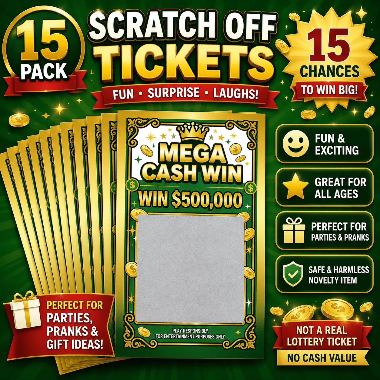 Fake Winning Scratch Cards, Mega Cash Win 500K Prank Lottery Tickets, Novelty Scratch Off Gag Cards for Parties, April Fools Fun