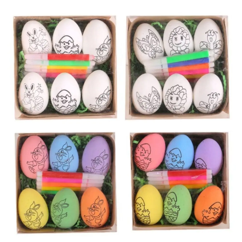 

6PCS Coloring Craft Easter DIY Hand-Painted Eggs DIY with Paint Pen Foam Easter Eggs Multifunction Cartoon Easter Eggs