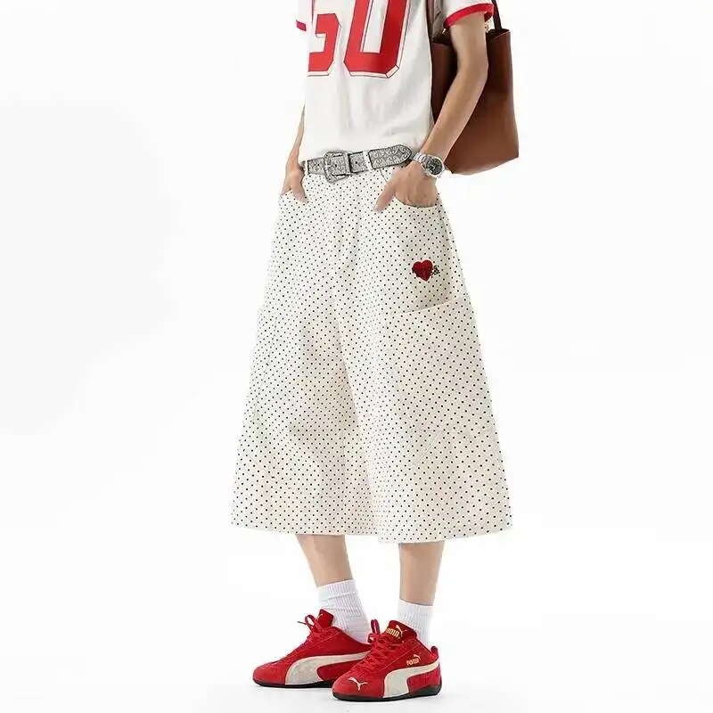 Men's White Shorts Polka Dot Cropped Pants With Large Pockets Wide Leg Loose Casual Knee Length trousers XX4H