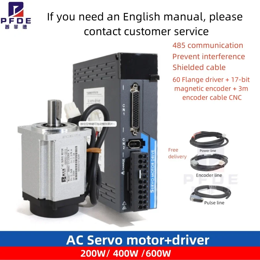 200W 400W 600W Servo Motor AC Servo Motor Drive Kit 3000rpm 60 Flange Driver + 17-bit Magnetic Encoder + 3m Encoder Cable CNC