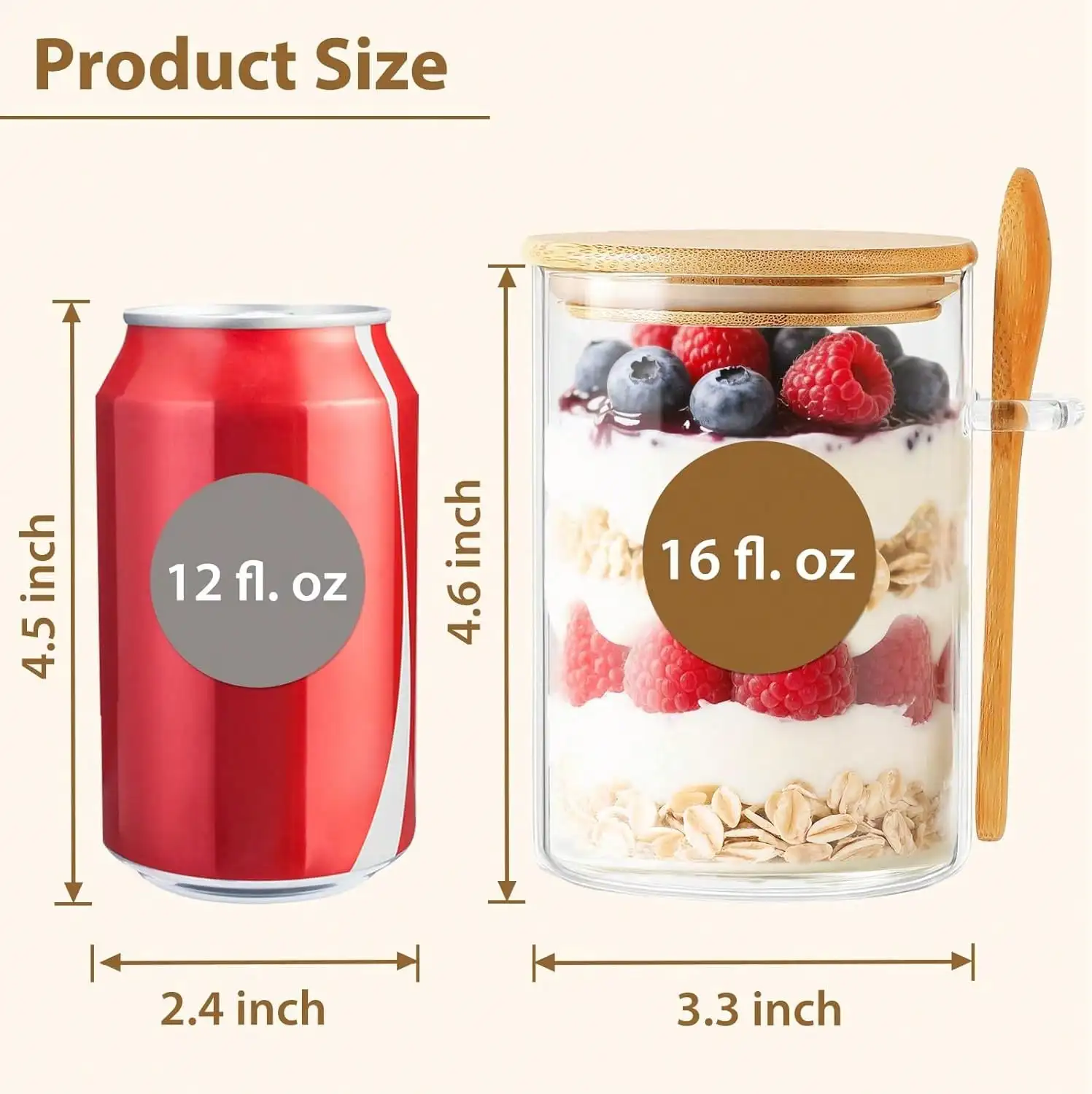 4 Pack Overnight Oats Containers with Lids and Spoons, 16oz Glass Jars Bamboo Airtight, Breakfast Parfait Salad Chia Pudding