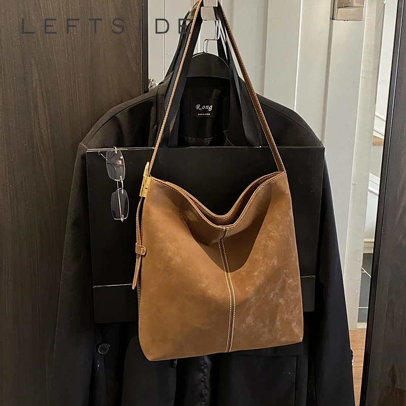 LEFTSIDE Women Pu Leather Shoulder Bag 2025 Winter Retro Bucket Crossbody Bag Luxury Designer Trend Female Handbags and Purses