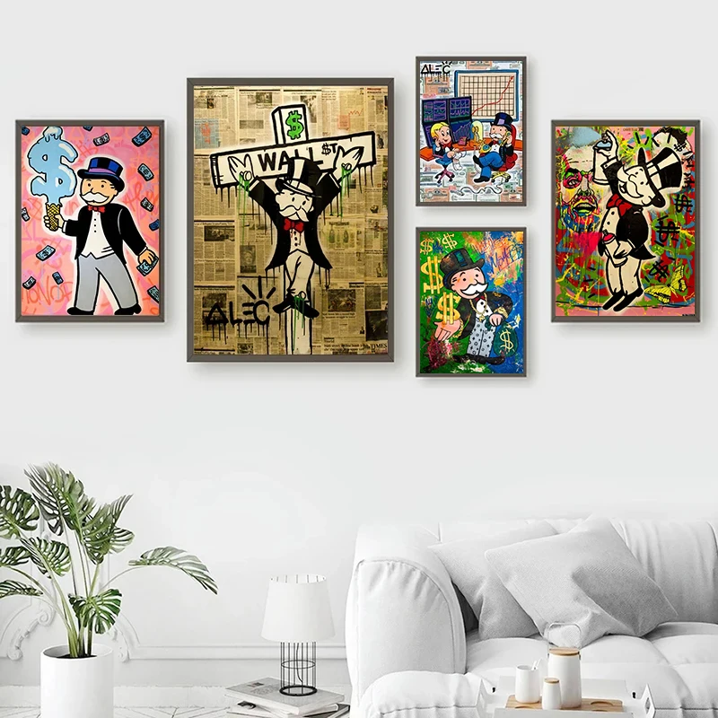 Graffiti Street Art Alec Monopoly Millionaire Money Canvas Painting Cartoon Wall Art Picture for Modern Living Room Home Decor