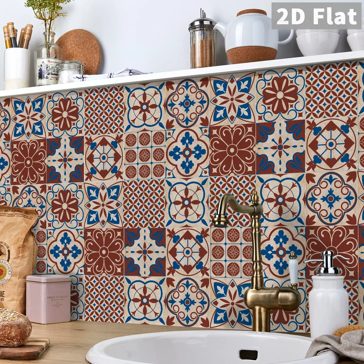 

European retro red and blue tile wall stickers, kitchen, bathroom, living room background wall self-adhesive decorative stickers
