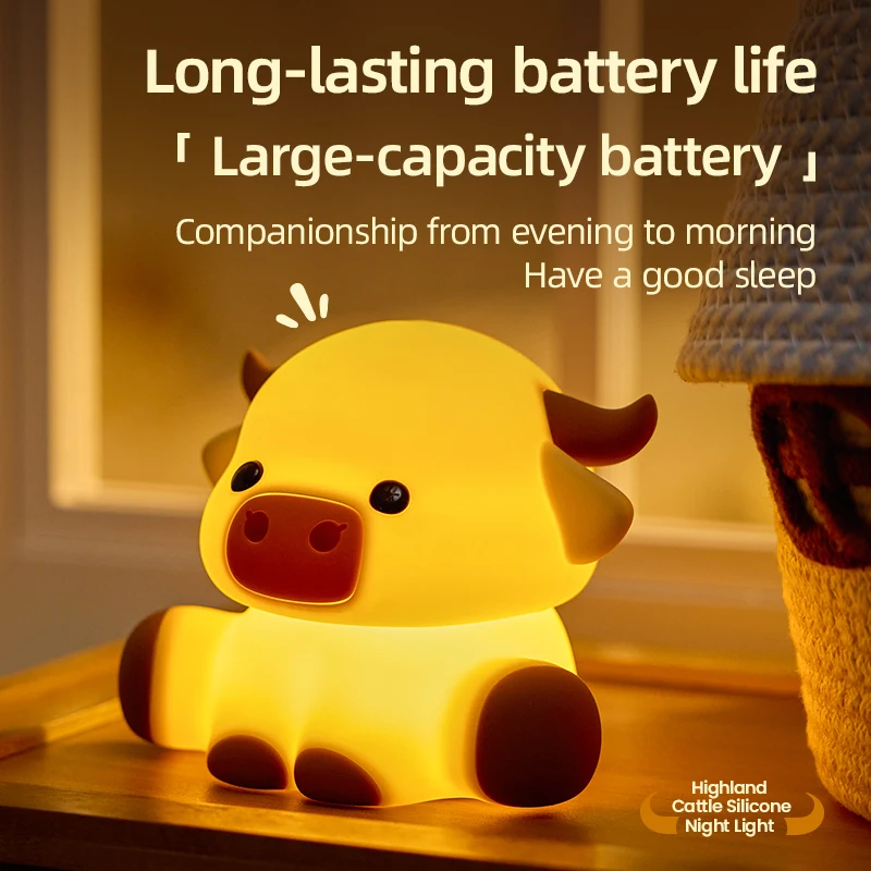Lampka nocna Highland Cattle z timerem, lampki LED do karmienia, lampka biurkowa anime, dekoracje do pokoju, lampki silikonowe, prezenty urodzinowe dla dzieci.