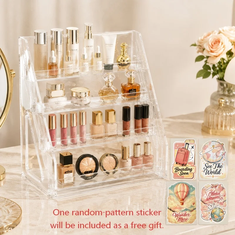 4‑tier L‑shaped clear acrylic desktop organizer for cosmetics, luxury aesthetic, easy snap‑on assembly for countertop use