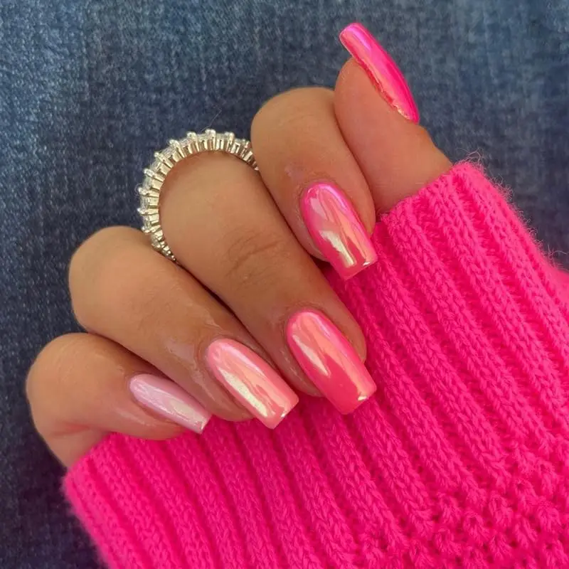 Sweet Mid Length Aurora Pink Fake Nails for Women Fashion Rose Red Full Cover Wearing Armor Removable Nails Patches 2024