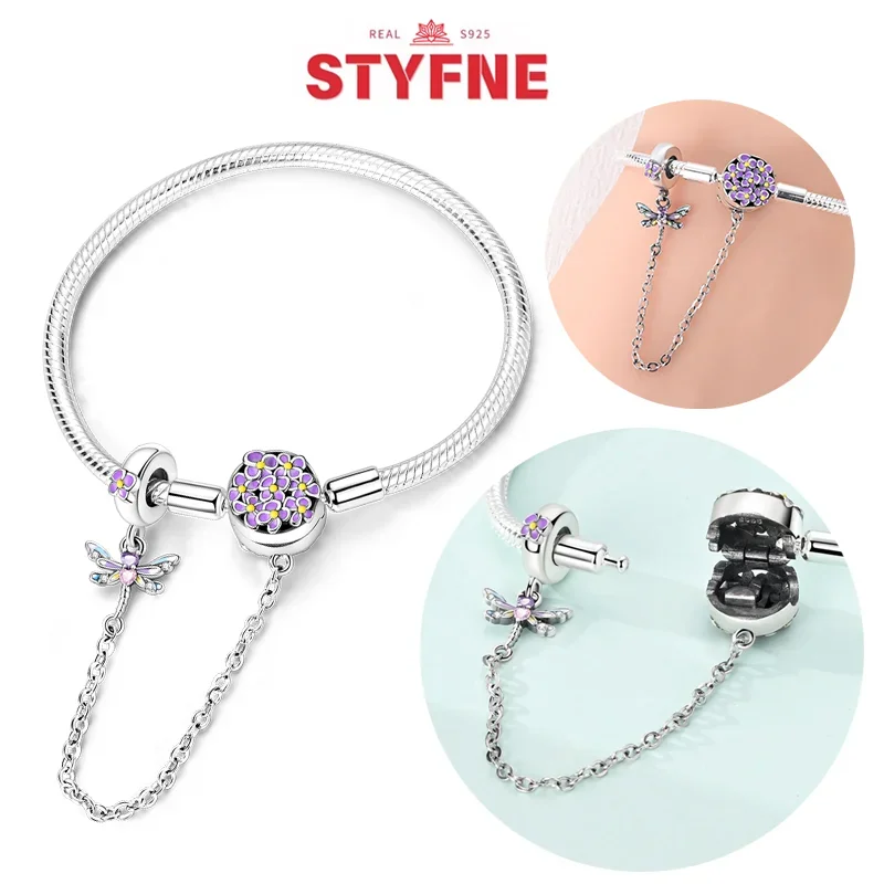 

S925 Silver Flower & Dragonfly Purplr Pink Sparking Zircon Original Bracelet with Chain for Women Jewelry Gift Daily Matching