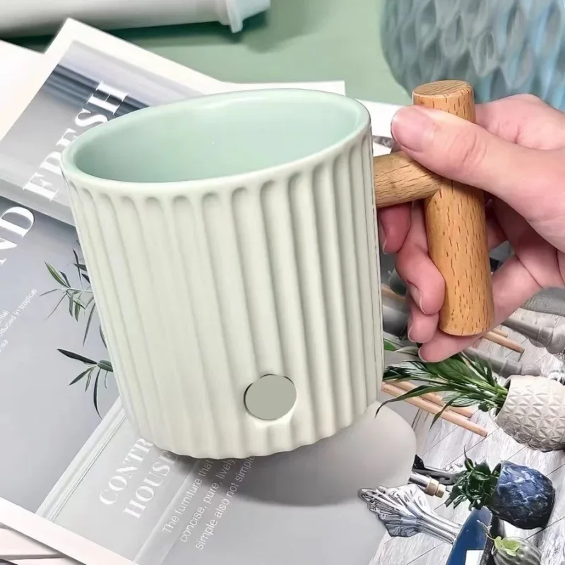 

Summer Mint Green Cup Simple Gradual Change Striped Office Desktop Coffee Ceramic Mug, Wood Handle, 375ml