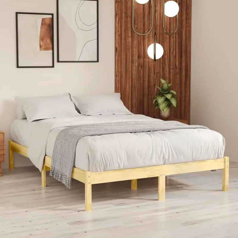 Cadre de lit en bois de pin massif 140x200 cm, lit plateforme robuste avec support à lattes, aucun sommier tapissier nécessaire, montage facile, lattes en bois robustes, finition naturelle, base de lit pour matelas double, base de lit moderne pour chambre à coucher
