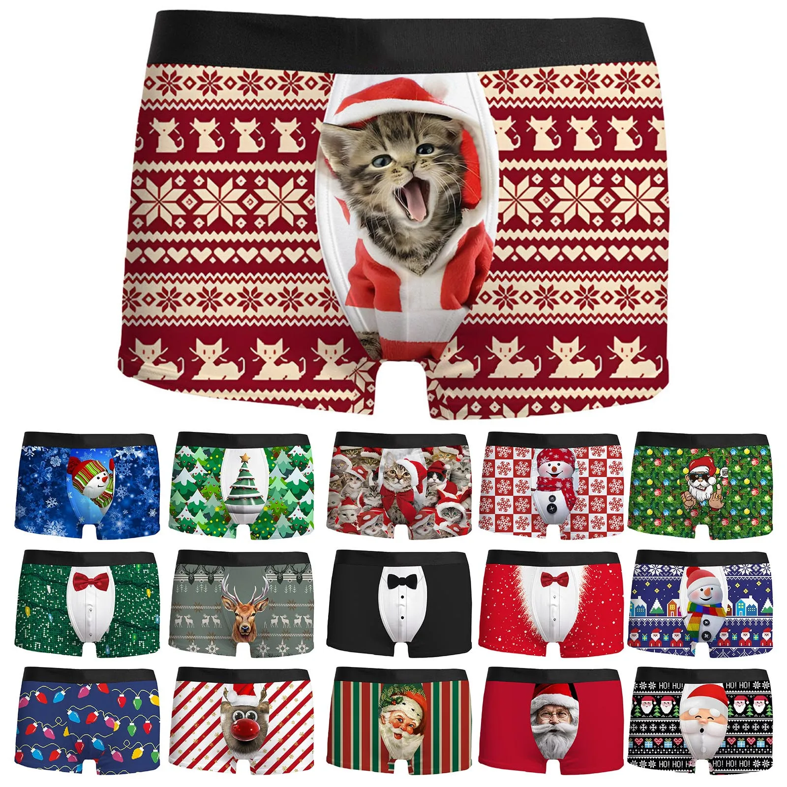 Funny Men Christmas Printing Breathable Comfortable And Fashionable Boyshort Underwear Christmas Tree Santa Snowman Lingerie