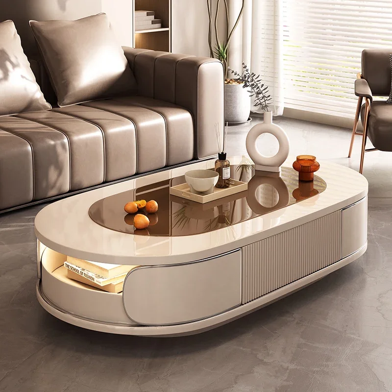 Cream Style Oval Shaped Tea Table, Living Room Home Tea Table, Shaped New Glass Tea Table, High-end Feeling