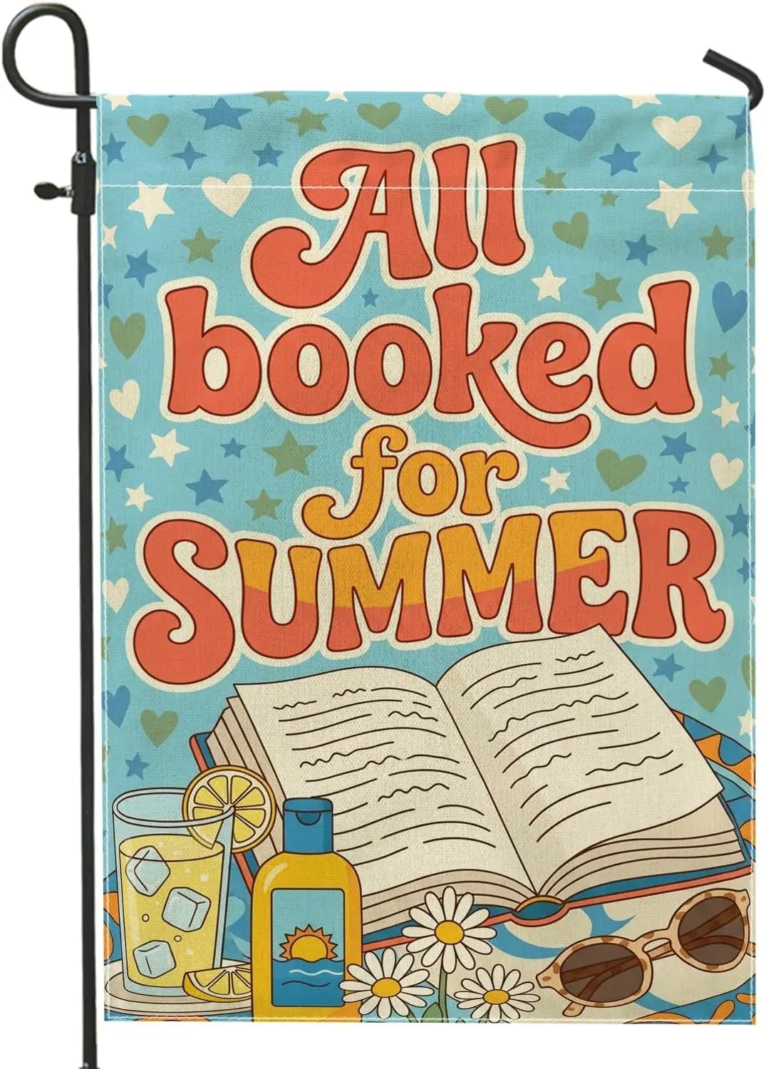 Book Garden Flag, Summer Retro Sunglasses Drink Summer Blue Double Sided Burlap Decorative Outside Flags for Outdoor Lawn Fr MMZ
